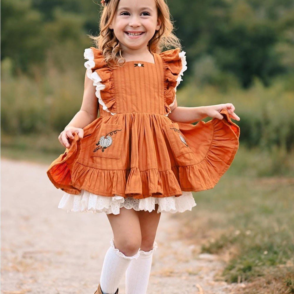 NWT Love and Grow Fall Orange Ruffled Dress with Pumpkin Embroidery 10